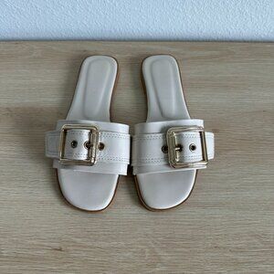 White Cream Faux Leather Flats with Gold buckle and hardware size 6.5/37